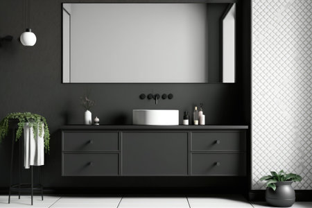 Front view of trendy monochromatic bathroom with dark sink cabinet shower with glass barrier and ceramic tiles wall background. Place for poster. a mockupの素材