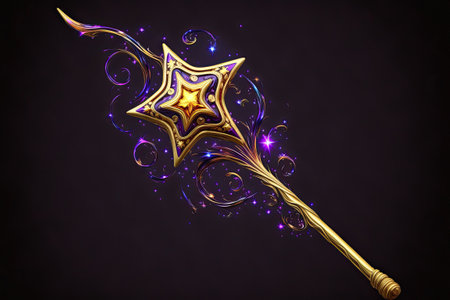 Illustration of a golden and purple magic wand against a black background. For a true witch or wizard only a glowing star gem or crystal will do. Conceptual Magical Staff Video Game and Fantasy Armの素材