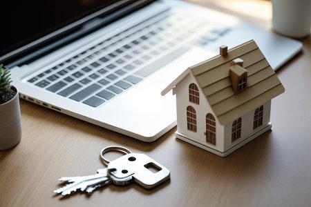 Keys a mock-up laptop and a model house are displayed on a wooden table. Concept of mortgage and real estate investingの素材