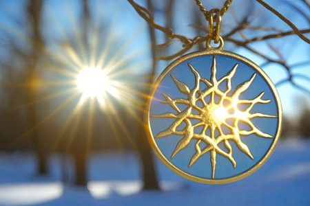 Blurred background of a natural sunlight setting with a golden solar amulet hanging from a branch. The sun is a symbol of the vernal and winter solstices. season corresponding to winter or springの素材