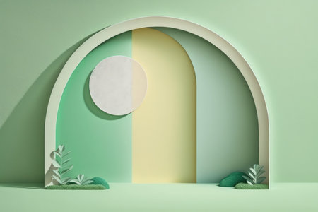 Pastel greens with a green background a semicircle as the background an empty space and an abstract minimal notionの素材