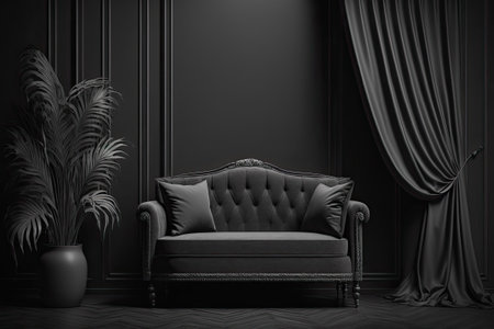 For photo frames a dark room with an empty wall a sofa a chair a plant a carpet and a curtain in monochromatic black is used as the poster backgroundの素材