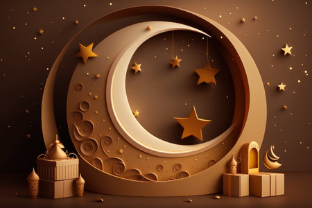 Golden Crescent Moon On Brown Lighting Effect Background Illuminates Gift Boxes Stars Lanterns And Empty Podium Or Stageの素材