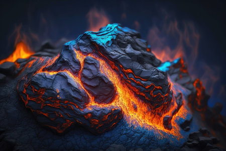Molten rock with a surface textured like magma. The blaze of molten rock against the sooty ash of a volcano. Crust fire and a volcano. Ecology biology chemistry and other aspects of the environmeの素材