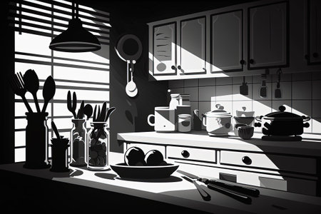 Morning sunshine warms a dark kitchen counter where regular cooking tools sit out. black and white color scheme depicting a conceptual static and flat monochrome sceneの素材