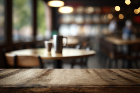 Selected focus empty brown wooden table and coffee shop cafe or restaurant blur background image. for your photomontage or product displayの素材