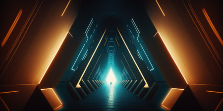 Modern spaceship hallway. contemporary abstract background tunnel with a triangle of light. Science fiction corridor ideaの素材