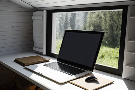 An open modern business laptop resting against an open roof window on a wooden table. Idea of working from a cottage remotely. A mock-up of a design with a white computer screenの素材