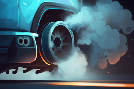 blue exhaust fumes a smoldering car engine. Close up of a smoking exhaust pipe. vehicle having a diesel or gasoline engine. throughout the winter the engine warms up while idlingの素材