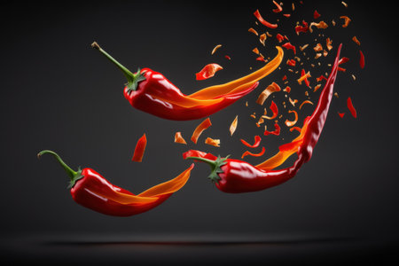 Red chili peppers that have been chopped hover in midair. An artistic image of flying peppers against a dark backgroundの素材