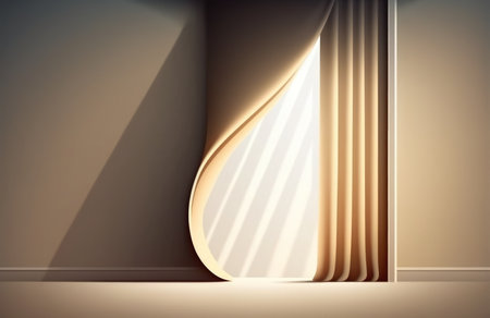 On the white wall lines of light and shadow are cast by the curtain and the sill. Sunlight from a sunny day. Text copy space in the mockupの素材