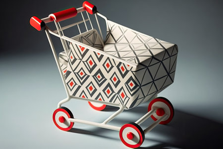 Wheeled cart for shopping printed with geometric patterns on patterned paper. The psychology of compulsive shopping. A pop aesthetic. Blanket copy space. Perspective from on highの素材