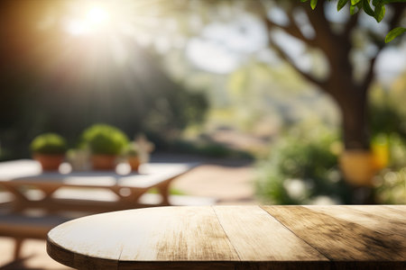 View from behind a wooden table. A garden or forest shines in the sun behind a hazy wooden table. Tabletop made of wood gorgeous blur Advertorial banner showcasing a posh brand or productの素材