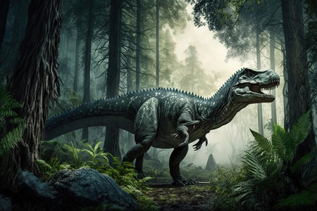 Prehistoric reptile living amongst the trees. The background of a primeval woodland and a massive dinosaurの素材