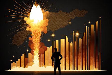 Smart businessman ignites fireworks rocket bar graph to illustrate the concept of corporate expansion increased investment returns a booming economy and professional advancementの素材