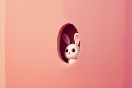 Simple illustration of an Easter bunny hiding and spying on a pink painted egg on a pink pastel background. Easter vacation ideaの素材