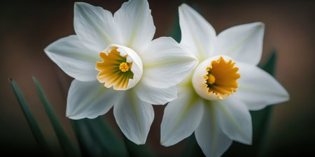 White spring flowers macro blossoming Daffodils in the yard two Daffodils with delicate petals and green leaves floral image macro photography stock photoの素材