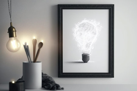 Painting lamp illuminates the black-framed portrait on the wall. Glittery structural plaster on white walls. Mockupの素材