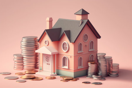a pile of coins bills and a house against a pastel pink background. Loans for commercial property as an idea for business financing. Domestic housing mortgage market economic climate. investment inの素材