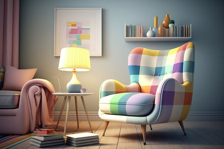 Warm and inviting room decorated in pastel tones with a comfy armchair. Plaid table book and floor light complete this retro modern armchair. One flat cartoonish white chair for use indoors. Imagの素材