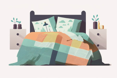 A flat-style bed for two people with a cushion and a blanket is seen on a white backdrop. illustrationの素材
