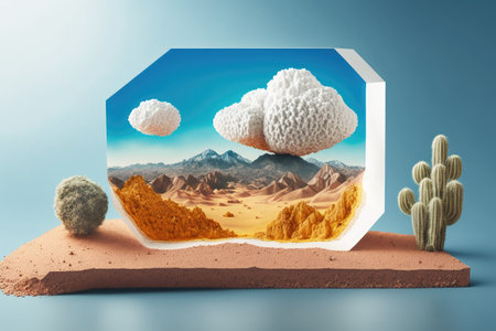 a picture of a soil sample Scene of a desert with cacti sand and a few lone sand dunes against a vivid sky. Cross section of a mountain range and a long road appear on this realistic cubic terrainの素材