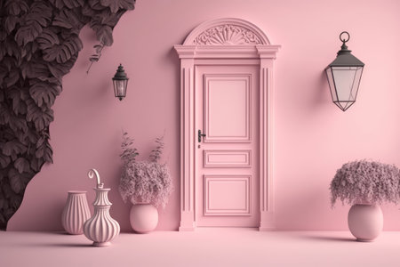 monochrome outdoor landscape on pink background with pink door and wall lamp. on a pale background. website presentation studio or clothes storeの素材