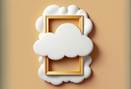 White cloud and a golden vertical frame isolated on a beige background. Concept for a contemporary gallery of artの素材