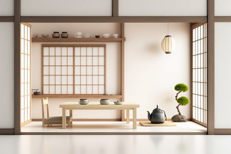 zen mood over empty tea room with tatami futon rice paper door chairs lamp shower and bathtub white architecture interior design close-up of an antique wooden table top or shelfの素材