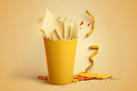giving a paper cup of French fries through torn yellow paper. Special offer in a fast food restaurantの素材