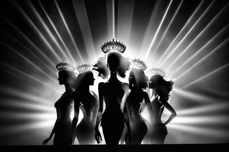 Concept every Girls Dream to be Miss beauty pageant queen Universe contest. Women warships raise Diamond Silver Crown as Final winner on stage studio lighting with backlit light flare silhouetteの素材