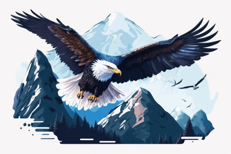 A bald eagle soars slowly and magnificently over the mountains below. Idiom for describing the idea of wild animals and unadulterated natureの素材