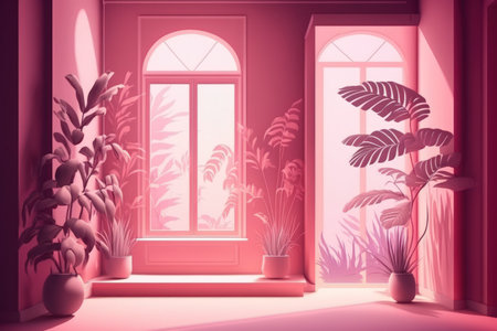 Background for a product presentation using an abstract pink color gradient in a studio. Vacant room with flowers palm leaves and the shadows of the windows. space for copies. Summertime concert. blの素材