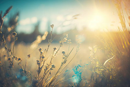 A helios lens blurred background of sky with a defocused view of dried wildflowers and grass in a meadow under the strong golden rays of the sunの素材