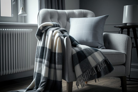 A cozy bed cover drapes over a grey couch in this up close shot of a loft style living room. Throw blanket over a contemporary armchair in a bedroom plaid. Couch on the carpet by the floorboards. Desiの素材