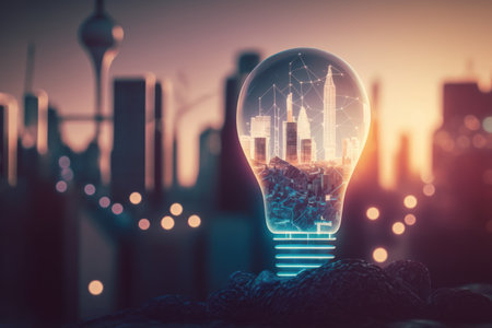 Artificial intelligence and neural networks concept virtual creative light bulb with chip hologram on fuzzy cityscape background. Multiexposureの素材