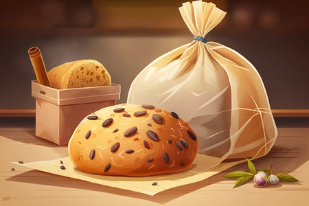 A bag of delectable buns with raisins is placed on a thin concrete table. breakfast bread and a fresh bakeryの素材