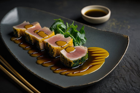 A Japanese dish called tuna tataki is made of thinly sliced tuna steak that has been quickly grilled. on a gloomy background served as an appetizer with brandy sauce and garnishの素材