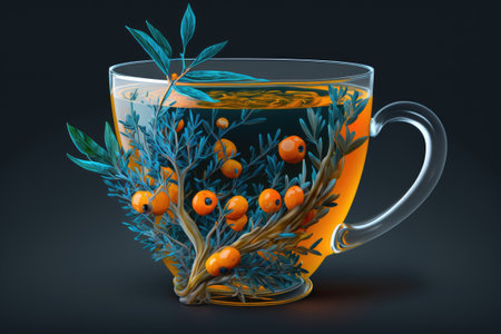 A cup of sea buckthorn. Caffeinated beverage ideal for the cold season. Antioxidant tea. Honey lemon and ginger in sea buckthorn tea against a dark gray background. One sided concentrationの素材