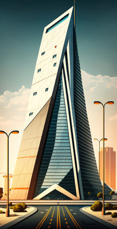A panoramic picture of a modern steel and glass skyscraper with a cityscape and an empty concrete level in the shape of a triangle. morning setting lifelike in a photographの素材