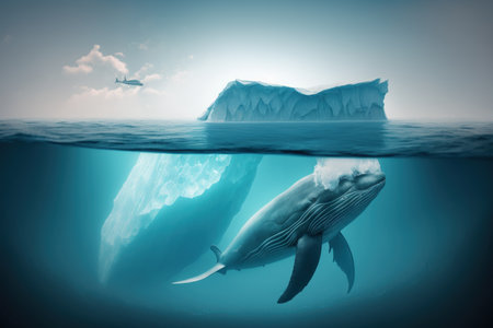 A whale and an iceberg are submerged in the water. Sea life is wild. A stunning whale and iceberg are swimming underwater. idea of global warmingの素材