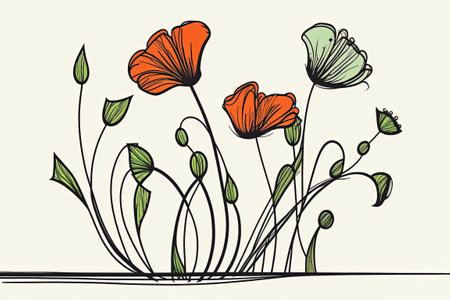 Artistic rendition of poppy blossoms using a continuous line technique. Flowers and grass form a doodled border. Isolated on a white background a simple black and linear design. Illustration inの素材