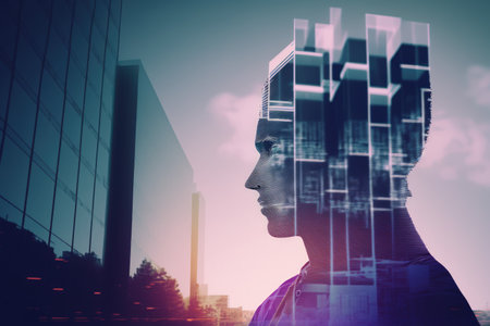 Abstract virtual AI interface with a holographic representation of a human head against a fuzzy modern office building background. Multiexposureの素材
