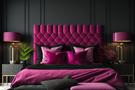 2023 bedroom furniture trends include brilliant magenta and deep black. Modern luxury room design. Painted blank wall. bed and pillowsの素材
