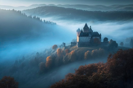 A misty beautiful morning at Jezeri Castle in November. The gorgeous autumn landscape seen from above. A massive Czechoslovak army coal mine is shrouded in fogの素材