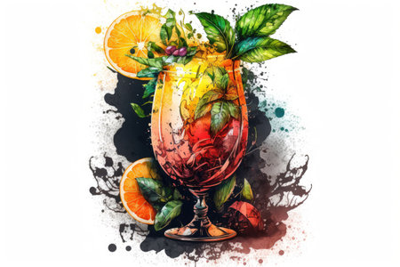 Alcoholic cocktail called a French orange mule made of vodka lime juice ginger beer syrup red orange juice ice and mint leaves. Inky blackness shady bar equipmentの素材
