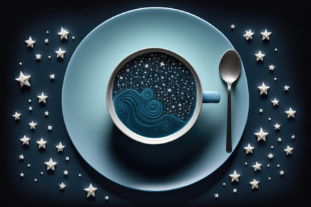 A dark blue background with a coffee cup and stars. An Image of a Coffee Shop with a Night Sky and Stars. Top down flat lieの素材