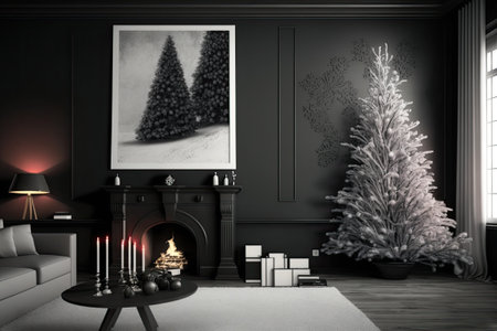 Interior of a living area during Christmas. Interior black wooden wallpaper. Background of Christmas. sketches for paintingsの素材
