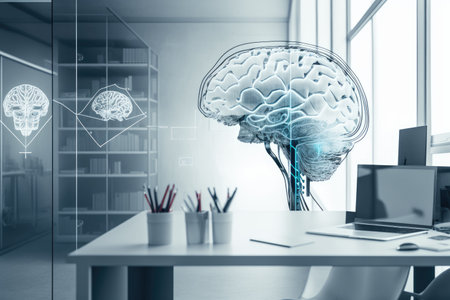 Artificial intelligence hologram with a sketch of the human brain on a white background of a business office. Multiexposureの素材