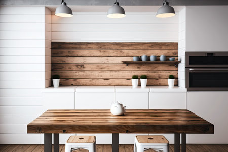 Background of a modern kitchen with an empty table and a defocused design. method of showcasing goodsの素材
